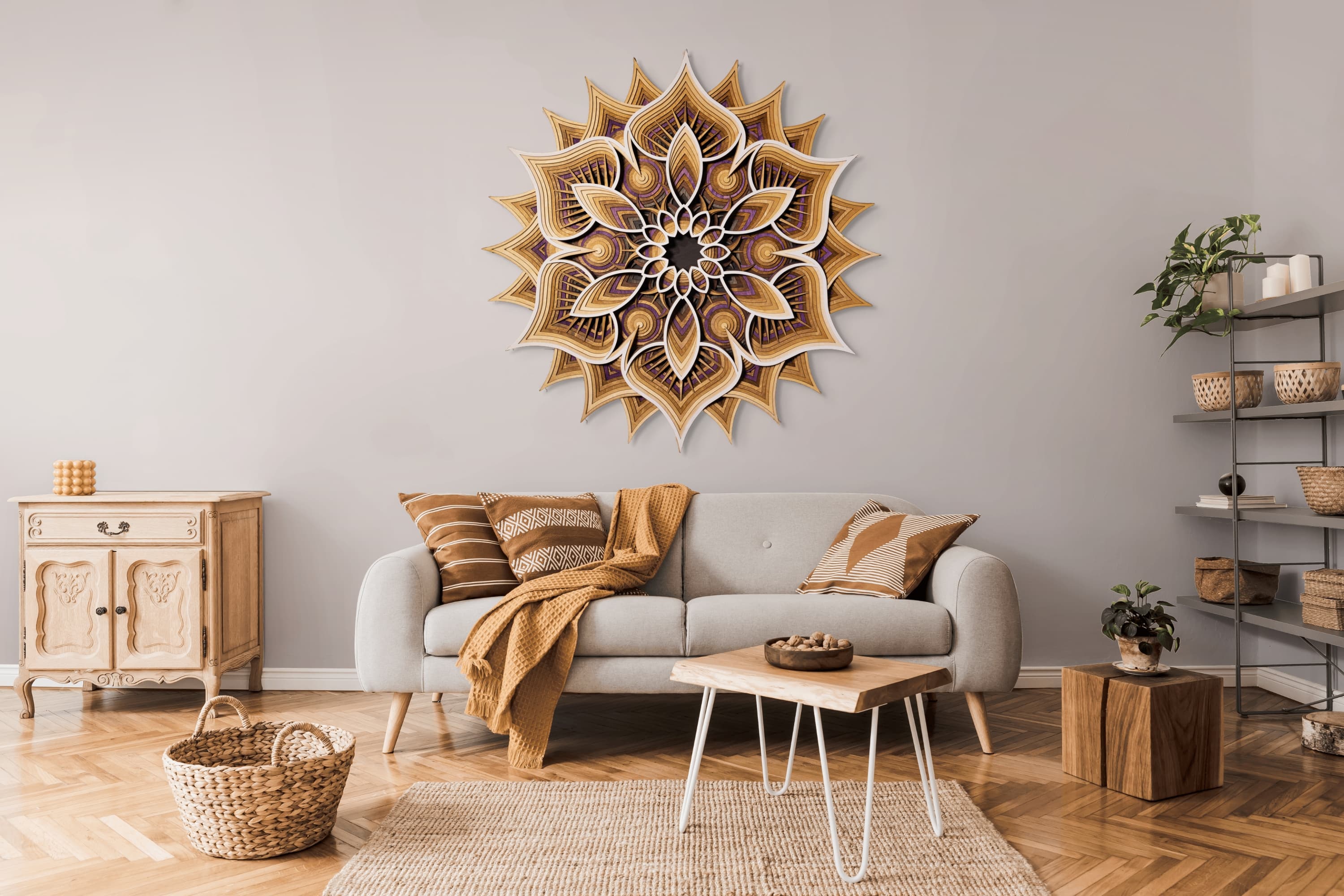 Lasercut mandala wall art in a modern living room