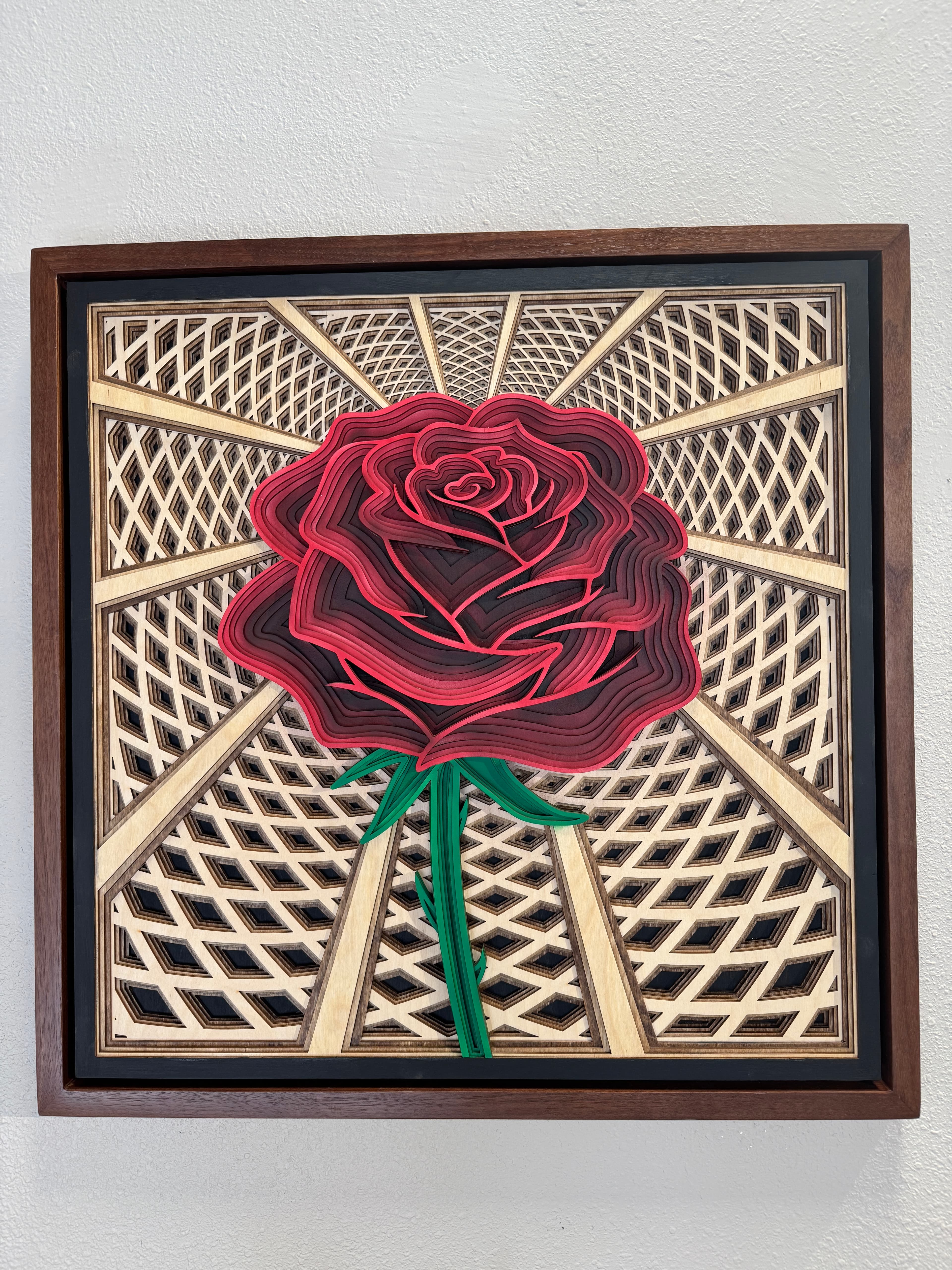 Rose — layered lasercut wood piece with red rose and lattice background